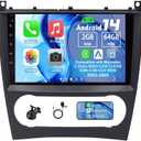 Android 14 Car Radio Compatible with Mercedes C-Class W203 C230 CLK350 C280 C350 CLK W209 2003-2009, 2G+64G 9" Touch Screen Car Stereo with Carplay Android Auto GPS WiFi Mic Backup Camera