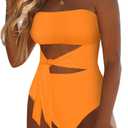 Viottiset Women's Bandeau One Piece Swimsuit Strapless Tie High Cut Out Bathing Suit (Large, Light Orange)