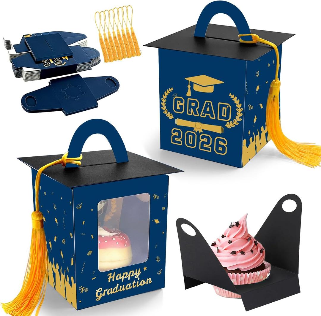 Graduation Cupcake Boxes Individual Cupcake Container Grad Cupcake Gift Boxes with Window for 2026 College Grad Party Bakery Wrapping (Blue-30pc)