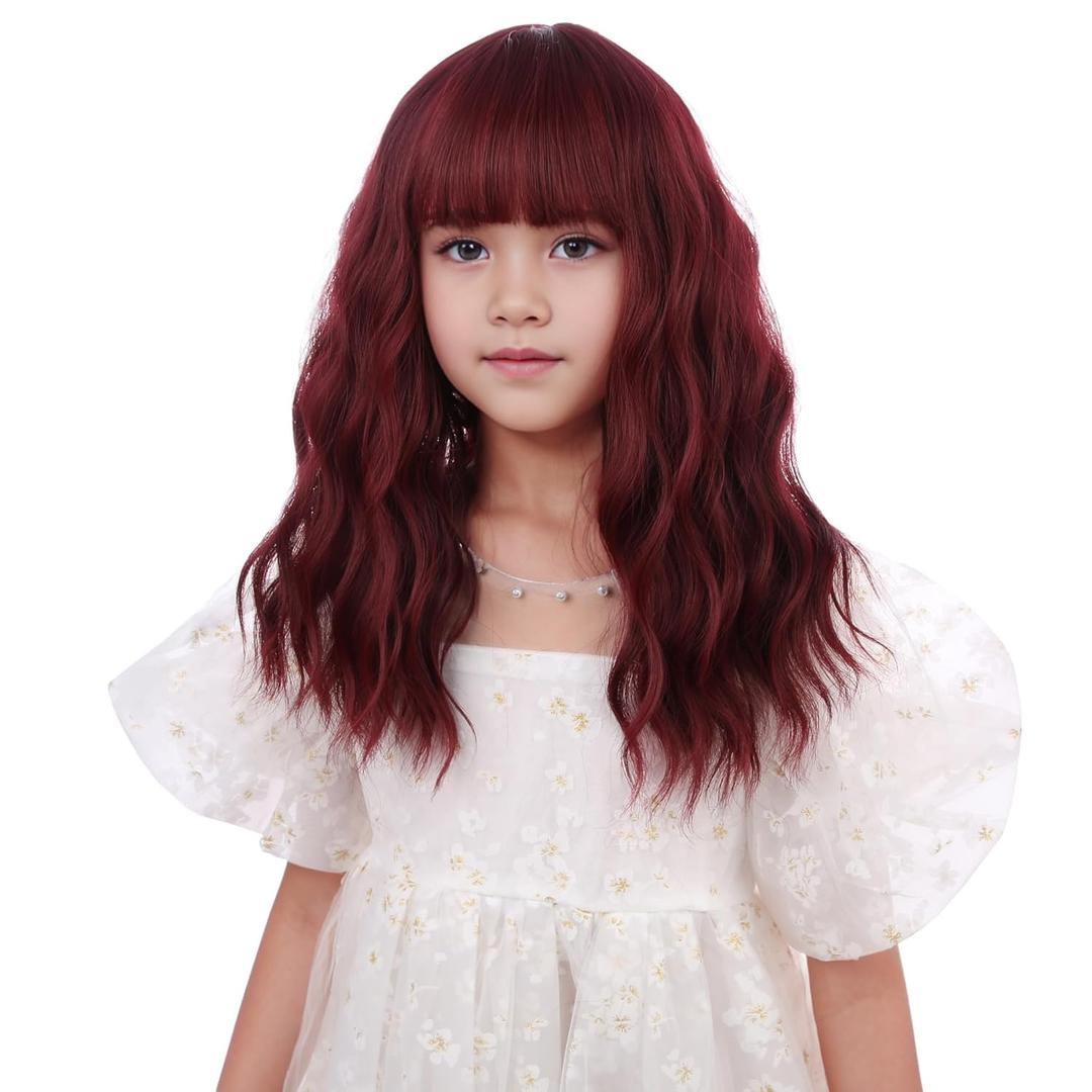 Wine Red Wig Short Wine Red Wavy Curly Wig with Bangs Synthetic Cosplay Hair Wigs (Small Size)