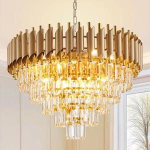 Gold Crystal Chandelier 24" Modern Living Room Chandeliers, K9 Crystal Ceiling Lights Fixtures, Round 5 Tiers Pendant Lighting Large Chandelier for Entryway Dining Room Staircase