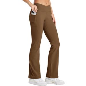 Willit Women's Fleece Lined Pants Yoga Crossover Leggings Bootcut Thermal Winter Pants Flare Leggings Water Resistant (XX-Large, Coffee Brown)