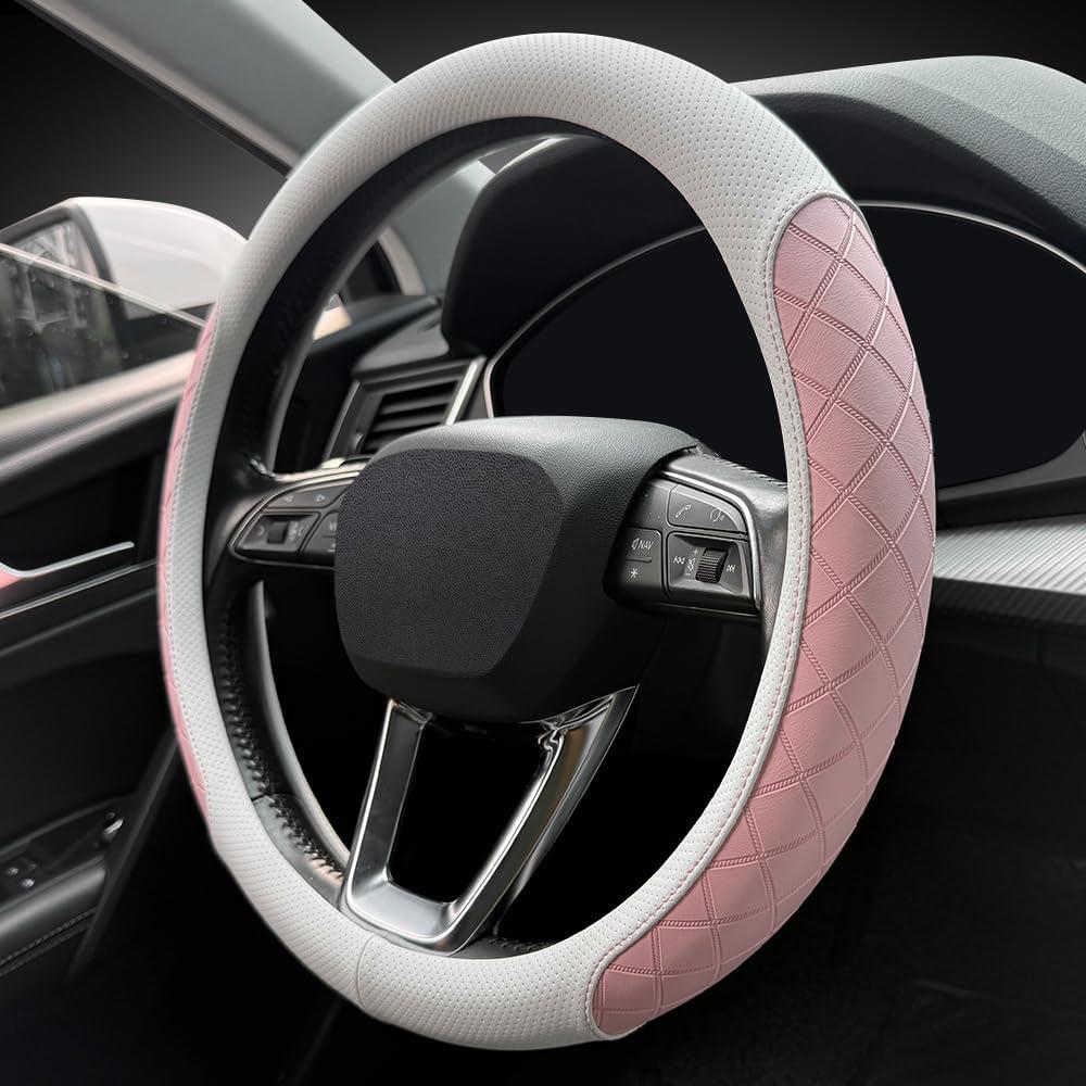 LKWLIKEI Nappa Leather Steering Wheel Cover,Elegant Diamond Checkered Design, Non-Slip wear-Resistant, Enhance Driving Comfort, Suitable for Steering Wheel Diameter 14 1/2-15 Models.White and Pink