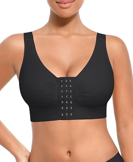 FeelinGirl Front Closure Post Surgery Compression Minimizer Bra with Adjustable Straps Wirefree Bras, Black, XL