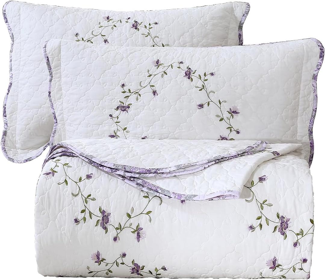 vctops 3-Piece Elegant Floral Embroidered Bedspread Coverlet Set Oversize Queen 100% Cotton Reversible Patchwork 1 Quilt and 2 Pillow Shams (Purple,Oversize Queen)