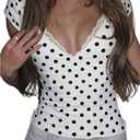 WDIRARA Women's Polka Dots Crop Tops Lace Trim V Neck Cap Sleeve Fitted T Shirts (White)