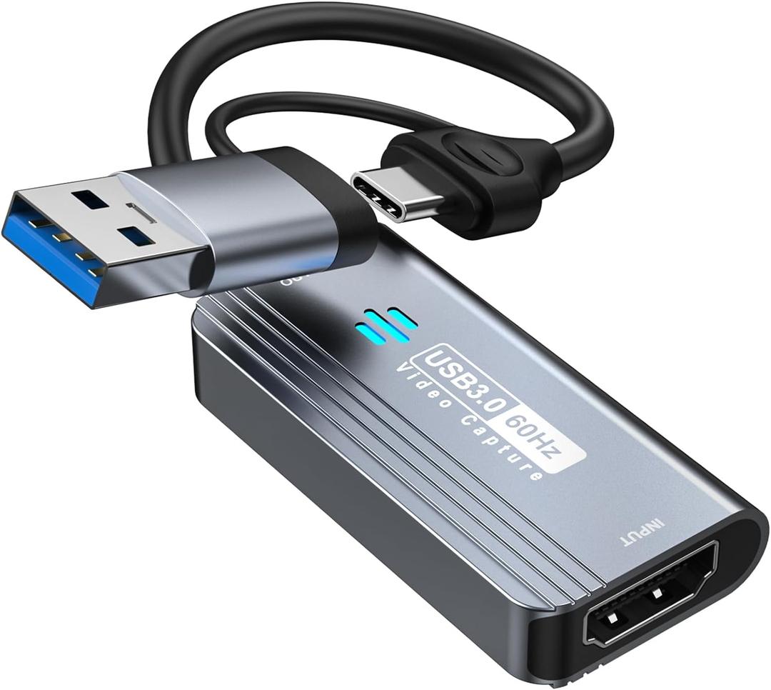 Video Capture Card, 4K HDMI to USB/USB C 3.0 Capture Card, 1080P 60FPS Video Capture Device, for Streaming, Teaching,Gaming, Video conferencing or Live Broadcasting (Grey)