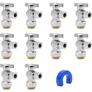 10 Pack Pushfit Angle Stop Faucet Valve, 1/2" Push-Fit x 3/8" Comp, Quarter Turn 1/2" Nom x 3/8" Compression Shut Off Water Valve, Pex, Copper,Cpvc,Brass