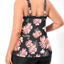SOTHEA Plus Size Tankini Swimsuit for Curvy Women Bathing Suits Tummy Control Contrast Colors with Pockets Swim Shorts Black Pink Floral 14W