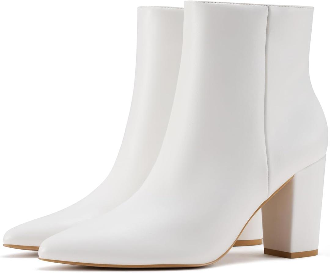 Rollda SUEDI Women's Pointed Toe Ankle Boots Chunky High Heel Ankle Booties Side Zipper Short Boots (11, White Pu)
