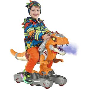 Dinosaur Ride On Push Car for Little Kids, Battery Operated Push & Ride Electric Foot-to-Floor Sliding Rideable Toy Scooter with Music, Light & Smoke for Toddlers
