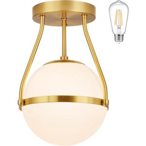 9.8" Modern Semi Flush Mount Ceiling Light Fixture Mid Century Ceiling Light Globe Ceiling Light Fixture with Milk Glass Shade Brass Finish for Kitchen Island Hallway Living Room (Bulb Incl.) (Gold)