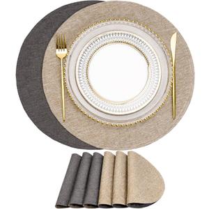 Eforcurtain Thick Linen Style Cloth Placemats Set of 6 Fabric Placemats Heat Resistant Machine Washable Table Mats Double Layer Water Absorbent Place Mats, Beige and Charcoal Round 15 Inch Place Mats