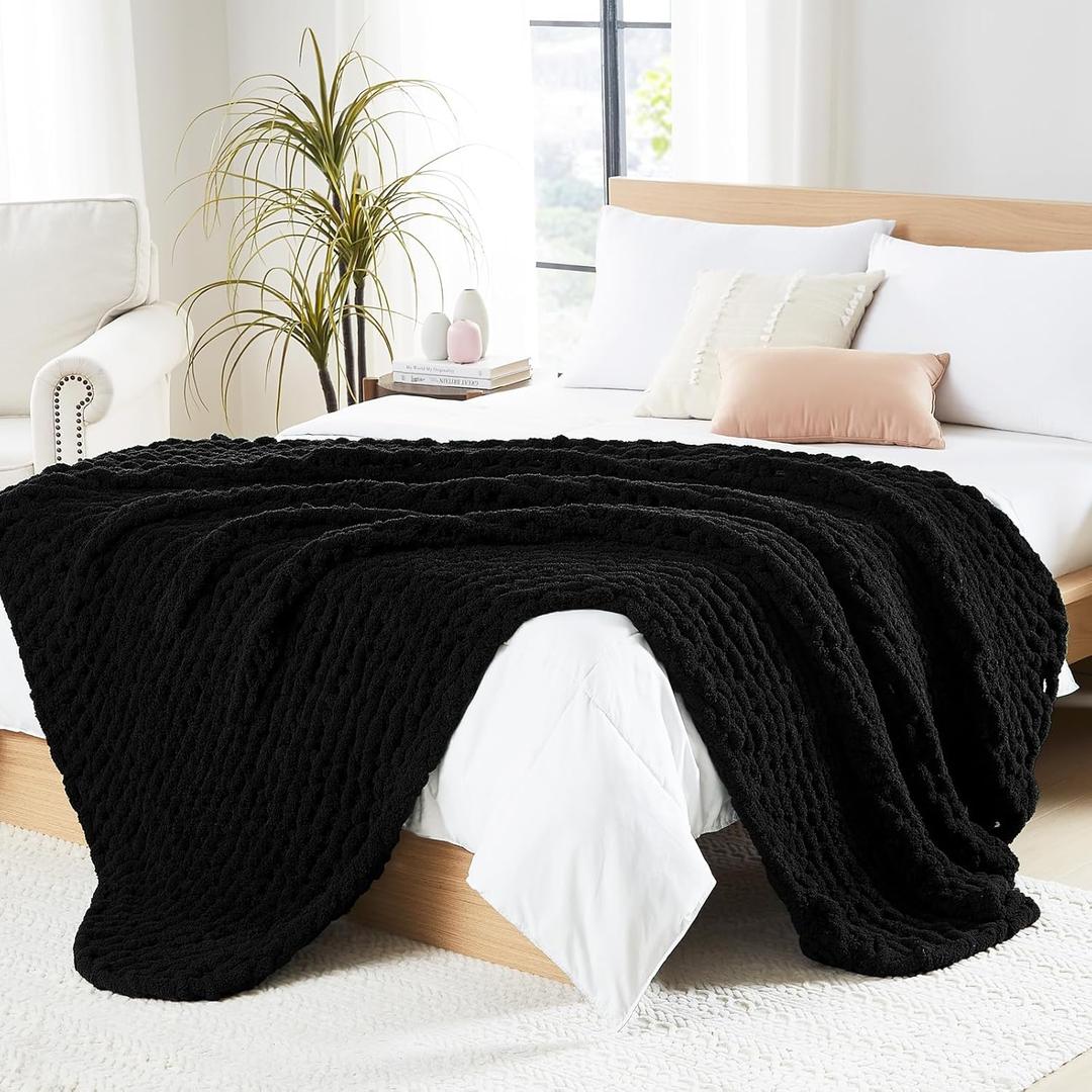 L'AGRATY Chunky Knit Blanket Throw: Soft Chenille Yarn Throw Blanket 50x60 - Handmade Thick Cable Crochet Blanket - Large Chunky Rope Throw Blanket for Couch Sofa Bed Home Decor(Black) L'AGRATY Chunky Knit Blanket Throw: Soft Chenille Yarn Throw Blanket 50x60 - Handmade Thick Cable Crochet Blanket - Large Chunky Rope Throw Blanket for Couch Sofa Bed Home Decor(Black)