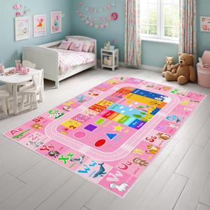 BATATADOCE Alphabet Rugs for Kids Playroom - Cartoon Kids Bedroom Rug Play Mat for Learning Alphabet,Numbers,Animal,Colors,Season,Cute Classroom Rug for Children Girls Bedroom Decor,Pink,4x6 Feet