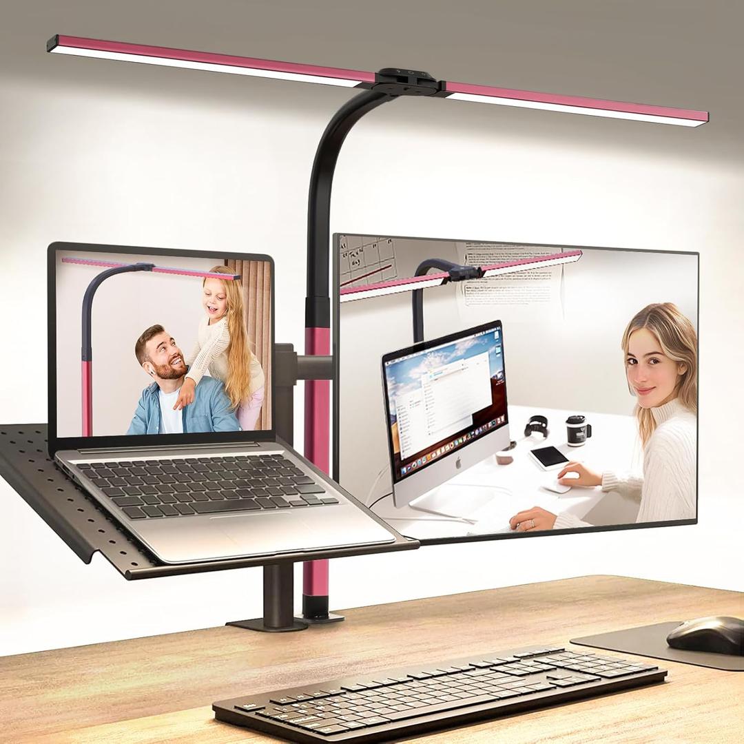 LED Desk Lamp for Home Office, Eye-Caring Desk Light with Clamp, Stepless Dimming 24W Double Head Architect Task Lamp with Remote Control, Flexible Arm for Working Studying Reading DraftingRED)