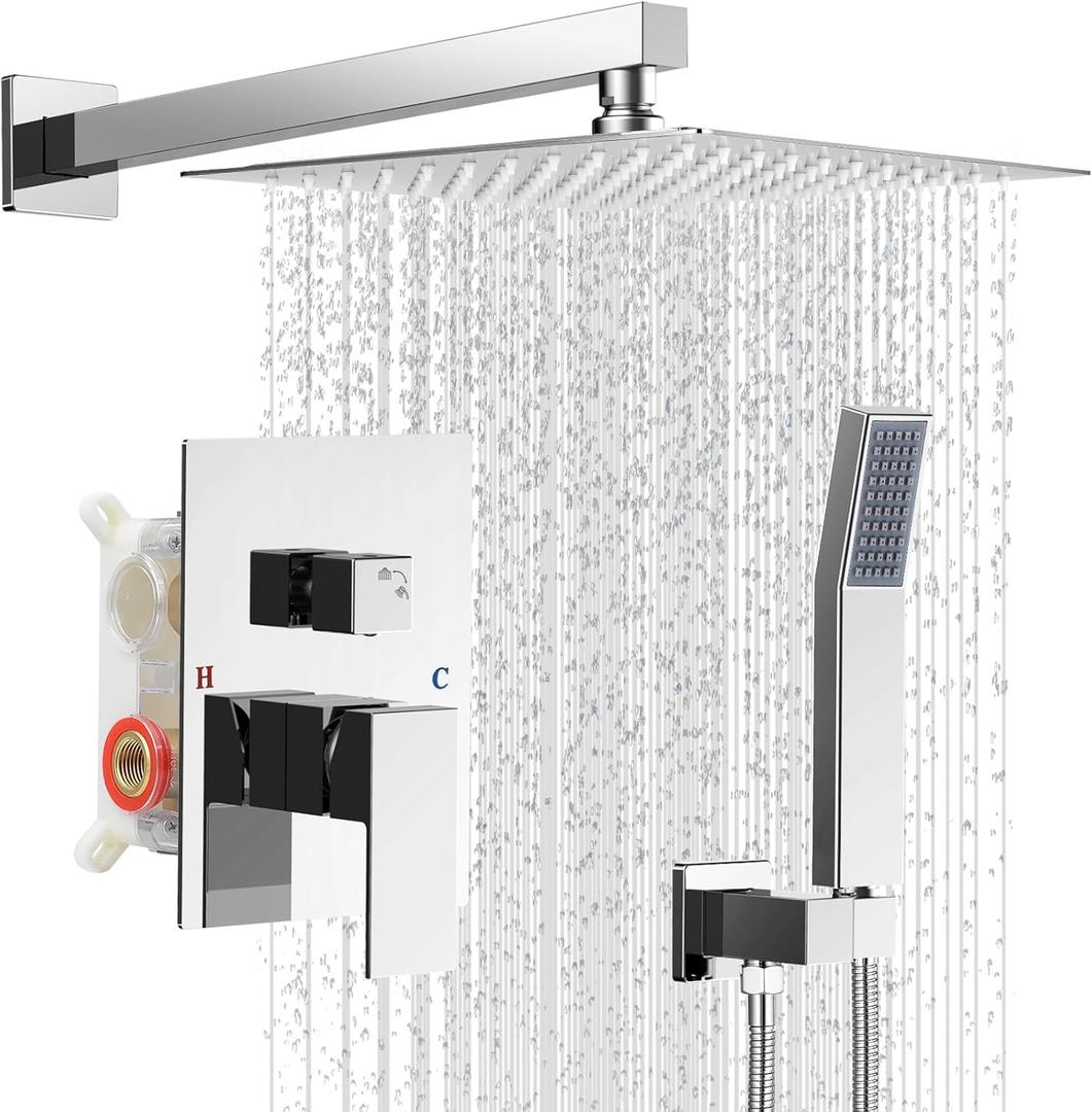 Shower Faucet set with Shower head, Wall Mount 10 Inch Square Rainfall Shower Head and Handle Set Single Handle Shower System Set with Female Threads Valve Body and Trim Included (Chrome) (Chrrome)