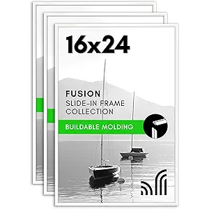 16x24 Poster Frame with Polished Front Cover - Set of 3 - Slide-In Photo Frame with Buildable Molding - Fusion Collection - Picture Frames for Wall Display - White