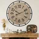 24 Inch Large Farmhouse Wall Clock, Metal Rustic Wood with Silent Quartz Movement, Easy Read Arabic Numerals, Battery Powered Round Decorative Wall Clock for Living Room Bedroom Kitchen Office