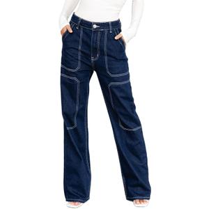 Dokotoo Women's Casual Mid Waist Cargo Jeans Stretch Wide Leg Denim Pants with Pockets (10, Blue)