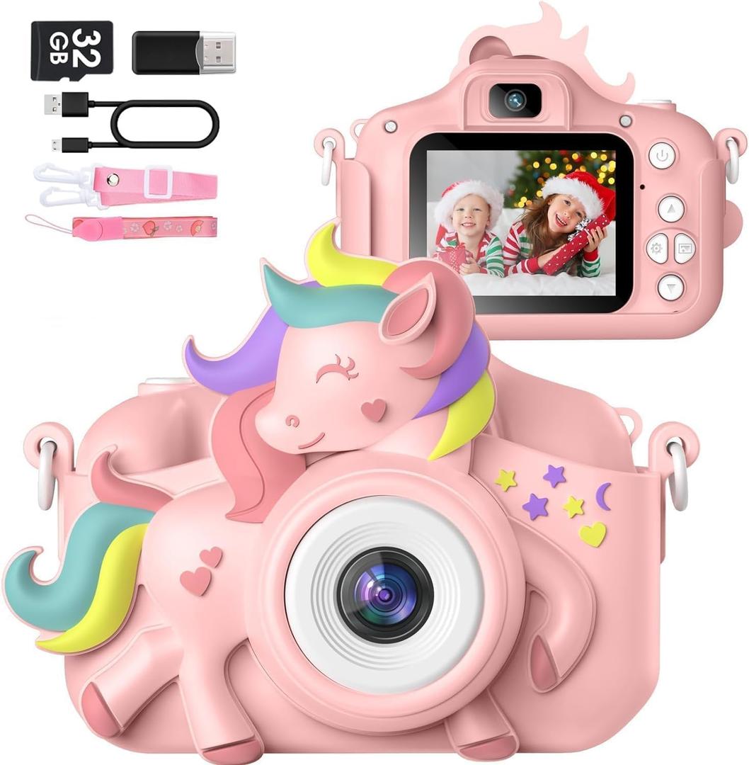 Kids Camera for 3-8 Years Old Toddlers Childrens Boys Girls Selfie Camera 20 MP HD 1080P IPS Screen Dual Digital Toy Camera for Kids Christmas Birthday Gifts with 32Gb Card (Pink-Unicarn)
