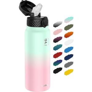 Fanhaw 20 oz Insulated Stainless Steel Water Bottle with Straw Lid, Leakproof & Anti-Dust Sports Bottle for Kids, Women & Men (Green Pink)