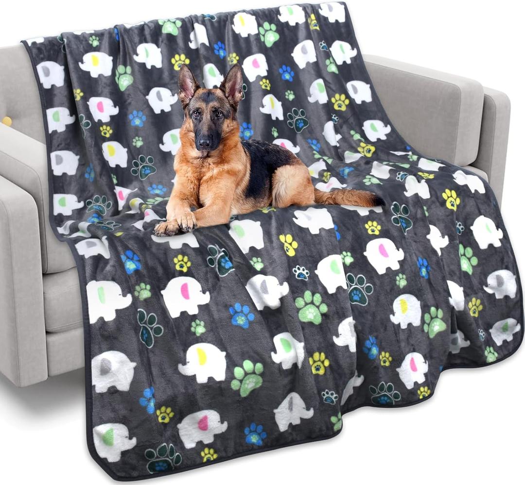 Rezutan Dog Blankets for Large Dogs,with Flannel Gray Elephant Pattern and paw Prints, 60x50 inches, Cat Blanket Puppy Supplies Dog, Soft Pet Mat Throw Cover for Kennel Crate Bed. (-Grey-)