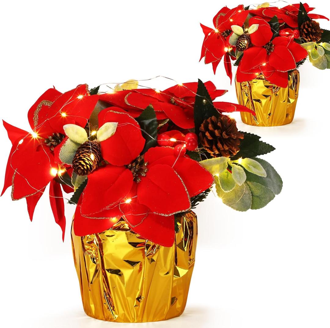 Zeyune 2 Packs Poinsettias Artificial Flowers for Outdoors 11'' Faux Artificial Flowers Bouquet with LED Vase Centerpiece Gifts for Office Home Table Garden Porch Patio Indoor Decor(Red)