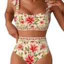 Herseas Women's Tie Shoulder Bikini Sets 2 Piece Striped Swimsuits High Waisted Bathing Suits (Multicolor Floral Beige)
