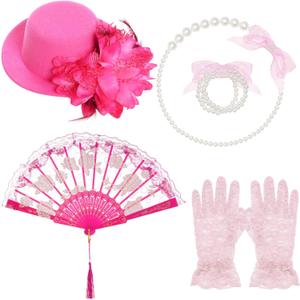 Obmwang 5 Pieces Girls Tea Party Supplies Tea Party Gloves Hats Girls Kids Tea Party Necklace Fan for Girls Tea Party Costume (Rose Red)