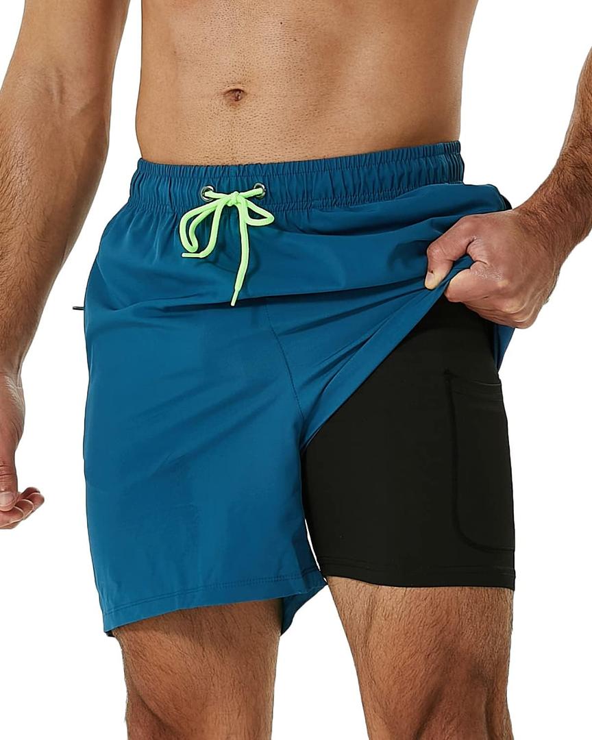 SILKWORLD Mens Swimming Trunks with Compression Liner 2 in 1 Quick-Dry Swim Shorts with Zipper Pockets (Medium, Blue)