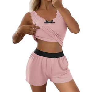 CHICME Women 2 Pieces Pajama Set Sleeveless Built In Bra Tank and Shorts Set Lace Trim PJ Sets Loungewear (Medium)