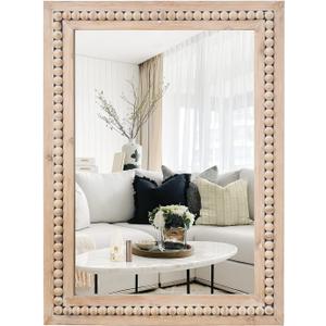 H HOMEWINS Rustic Rectangle Mirror,22x30 Wooden Farmhouse Mirrors, Boho Bathroom Wall-Mounted Nature Beads Decor Mirror for Bedroom, Living Room, Vanity, Entry way, Over Sink