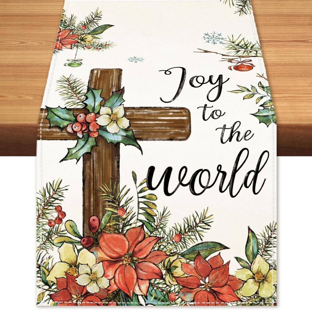 Christmas Poinsettia Cross Table Runner Pine Branch Burlap Table Runners, Winter Xmas Seasonal Coffee Table Center Decor for Home Kitchen Dining Party Indoor Outdoor 13x108 Inch