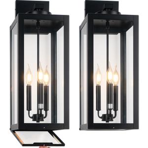 24" Extra Large Fully Enclosed Outdoor Light Fixture 3-Light, Black Outdoor Porch Lantern Wall Mounted, Waterproof Modern Outside Wall Sconce Coach Lamp for House, E12, 2 Packs (Black (No Sensor))