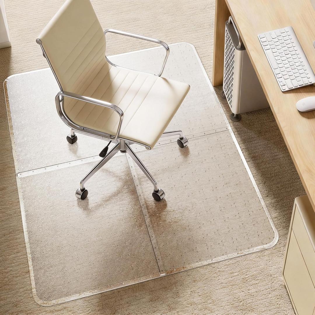 Office Chair Mat for Flat-Pile Carpet - 4-Piece Interlocking Desk Rug with Gripping Spikes & Beveled Edges, Clear PET Non-Slip Floor Mat for Gaming & Work