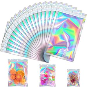 100 Pcs Holographic Mylar Bags, Smell Proof & Resealable Bag for Small Business, Foil Freshie Bags for Treat,Jewelry, Candy, Keychain, Package, Christmas Gift Bags, Goodie Baggies (3x5in)