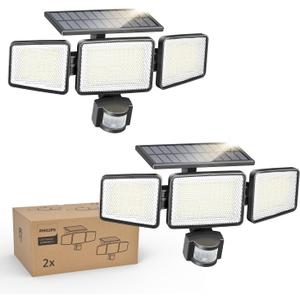 Philips Solar Security Light Outdoor 302 LED 1200lmSolar-Powered Waterproof Wall-Mounted Flood Light w/PIR Motion Sensor, 3 Heads, IP65 Waterproof, 3 Modes (2 Packs)