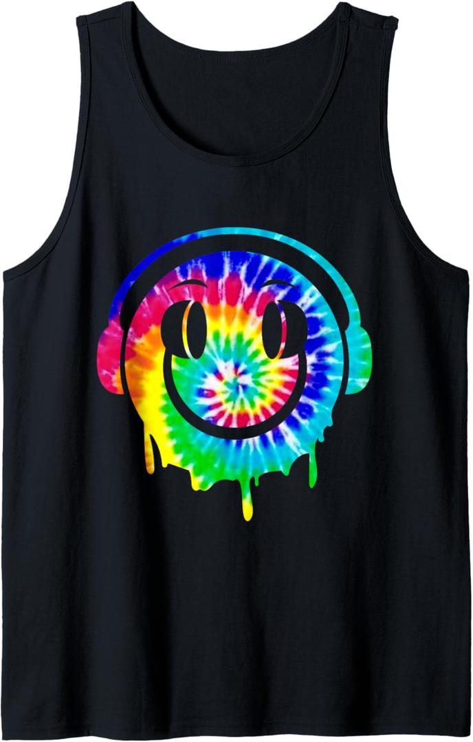 Tie Dye Melting DJ Smiling Face Headphones EDM Rave Party Tank Top (Small, Black)