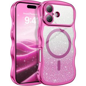 BENTOBEN for iPhone 17 Case Clear, [Compatible with MagSafe][Full Camera Protection][Cute Wave Frame][DIY Glitter Cardstock] Electroplated Wavy Shockproof 17 Phone Case 6.3" for Women, Hot Pink