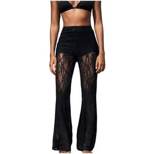 RoseSeek Women's Floral Lace Sheer Mesh Flare Pants Elastic High Waisted Long Trousers XL