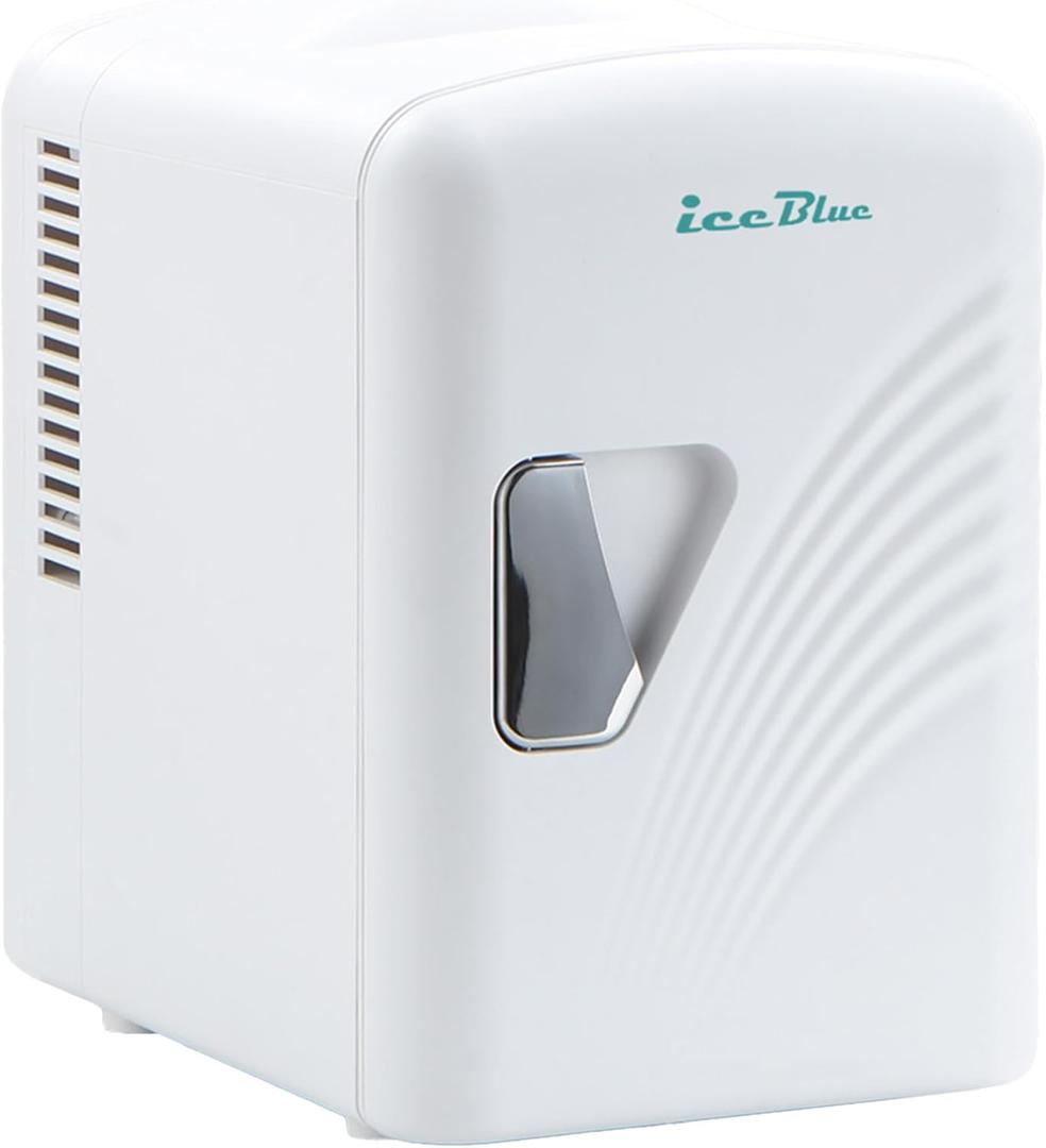 Iceblue Mini Fridge, Retro 4 Liter /6 Cans Mini Skincare Fridge, AC Plug & 12V Car Charger Mini Makeup Fridge, Compact & Portable 4A Cooling Tiny Fridge for Bedroom, Car, Office, Dorm, Gift (White)