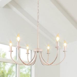 French Country Chandelier, 6-Light Antique White Farmhouse Chandelier for Dining Room Lighting Fixtures Hanging, Candle Hanging Pendant Lights for Kitchen Living Room Bedroom Foyer