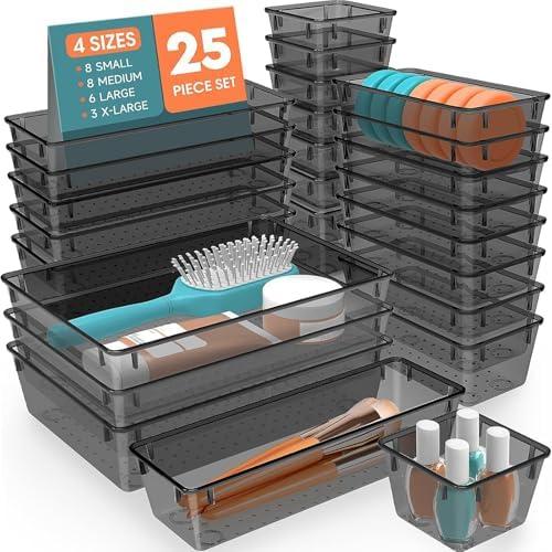 SpaceHacks 15 PCS Plastic Drawer Organizer Set, 4-Size Versatile Organizer Trays & storage Bins for Makeup, Jewelry, and Gadgets in Bathroom, Bedroom and Office,Clear Black