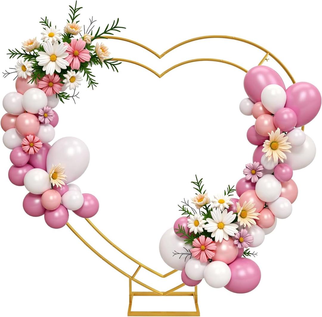Double Heart Shape Wedding Metal Arch Backdrop Gold Flower Balloon Arbors Stand for Ceremony Birthday Party, Graduation Decorations and Baby Shower