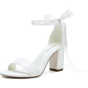 Women's Open Toe Block Heel Pearl Wedding Shoes for Bride Chunky Heeled Sandals Bridal Shoes Pumps (7, Ivory)