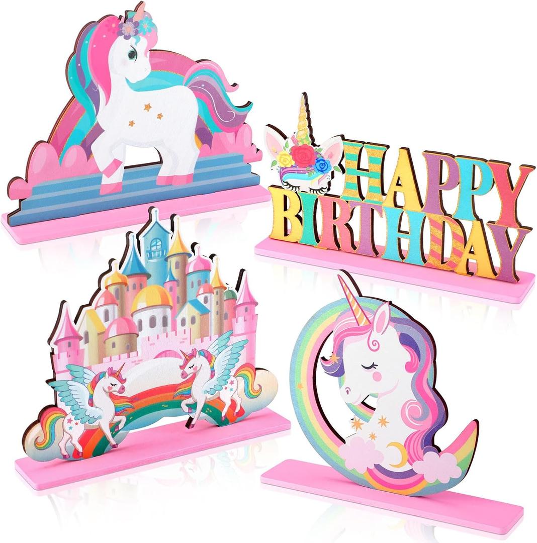 Barydat 4 Pcs Unicorn Birthday Table Centerpiece Rainbow Decorations Wooden Unicorn Theme Birthday Sign Photo Props for Girls Party Favors Baby Shower Supplies (Vivid)