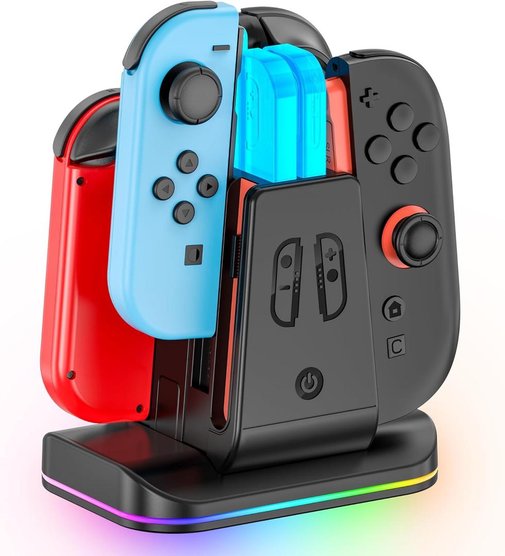 Switch 2 & 1 Controller Charger, 2-in-1 Charging Dock for Nintendo Switch 2025 / OLED/Original Joycons, Fast Charger Station with 9 RGB Modes, for Joy-Con 2/1 Accessories, with USB-C Cable