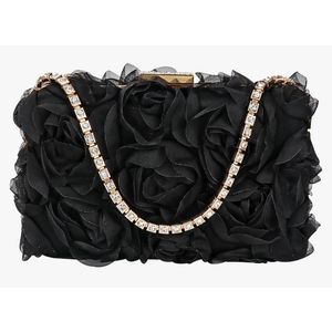 Womens 3D Rose Floral Clutch with Rhinestone Chain, Evening Handbag Purse Shoulder Crossbody Bag for Wedding Party Prom