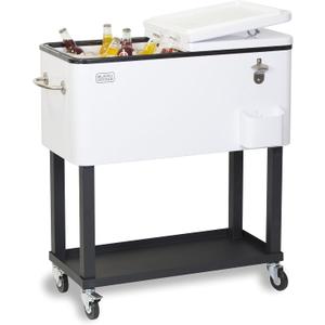 BLACK+DECKER Mobile Cooler on Wheels, 20 Gallon Insulated Rolling Cart with Stainless Steel Bottle Opener, Bar Cart with Wheels and Beverage Cooler with Drain, Ice Chest with Wheels, White
